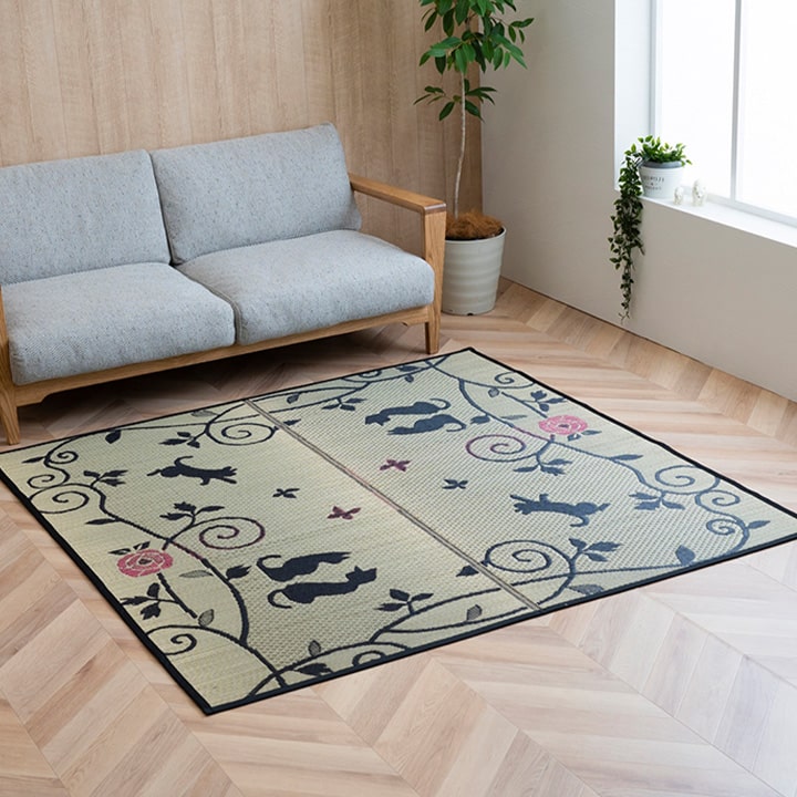 い草ラグ ラグ カーペット 3畳 長方形 かわいい 猫 ねこ ネコ 『DXクロネコ』 約176×230cm (裏:不織布) 【メーカー直送商品】☆