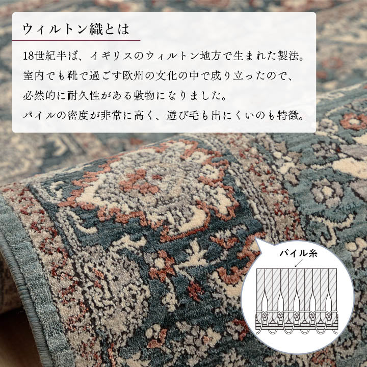 玄関 マット トルコ製 ウィルトン 織り クラシカル柄 上品 繊細 立体感 超高目付 肌触り柔らか 抗菌防臭 消臭 丈夫 へたりにくい 1年中 ソファー前用 ベッドサイド用 約60×95cm 【メーカー直送商品】☆