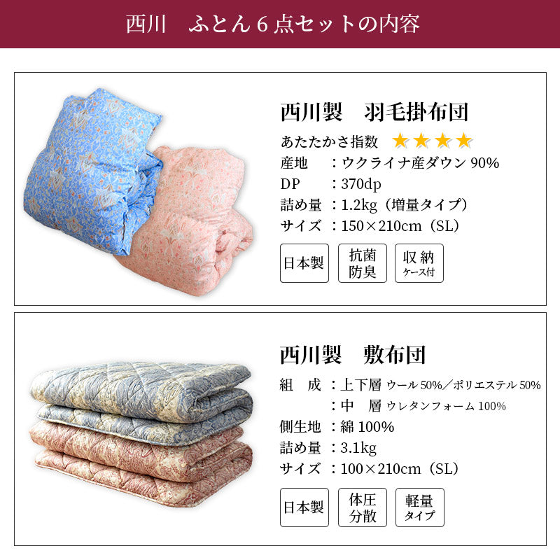 新生活応援 西川羽毛布団90%+敷布団セット+枕+カバー 6点セット