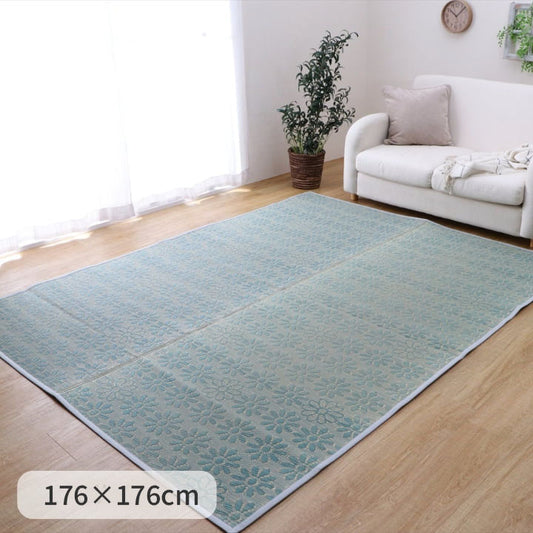 NSコチ カーペット ござ 北欧 い草 約176×176cm ブルー ナチュラル 夏用ラグ 花柄 おしゃれ 抗菌 防臭 消臭 [メーカー直送品]