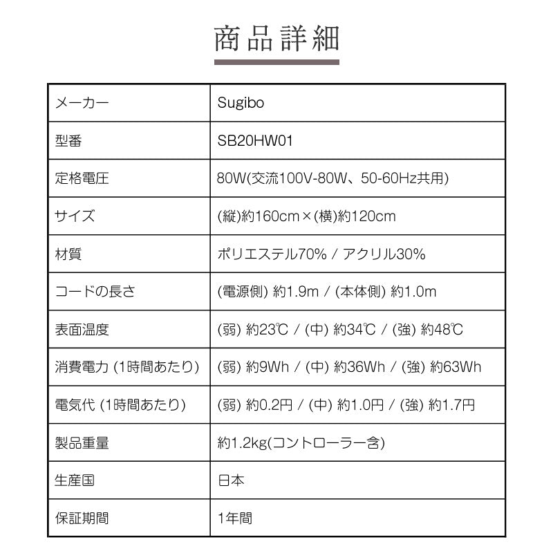 電気毛布 ひざ掛け 日本製 ワイド 約160×120cm 椙山紡織 Sugibo