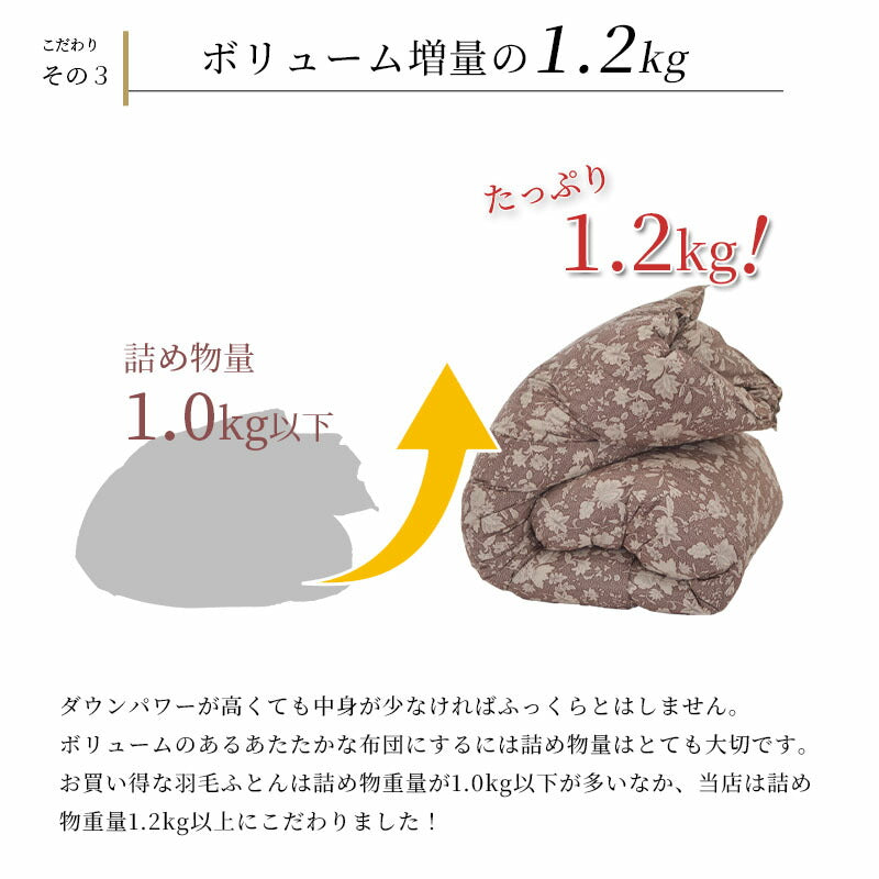 羽毛布団 1.2キロ マザー ダウン95％ 冬用 シングルサイズ ロマンス小杉  日本製 ダウンパワー440DP以上 再生繊維 150×210cm