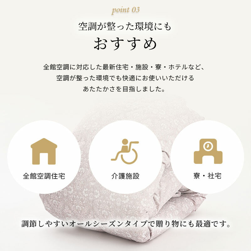 西川 ちょうどいい羽毛ふとん 日本製 オールシーズン使える あたたかいフレッシュアップ加工 ダウン70％ 収納ケース付き 日本製 シングル 羽毛布団 高品質 春 秋 掛けふとん あったかい 西川株式会社 150×210cm 羽毛掛け布団