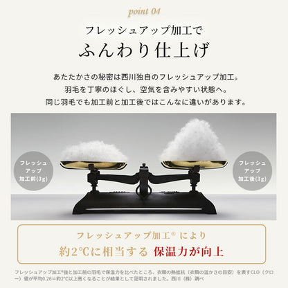 西川 ちょうどいい羽毛ふとん 日本製 オールシーズン使える あたたかいフレッシュアップ加工 ダウン70％ 収納ケース付き 日本製 シングル 羽毛布団 高品質 春 秋 掛けふとん あったかい 西川株式会社 150×210cm 羽毛掛け布団