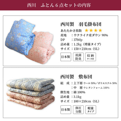 西川羽毛のついた 寝具6点セット 掛け布団 敷布団 枕 カバー 高品質 フランス産ダウン90％ 380dp 増量1.2kg セット 羊毛混 布団カバー 無地 リバーシブル 新生活 羽毛掛け 日本製 西川株式会社 布団セット